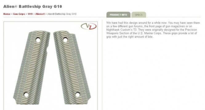 VZ Grips per 1911 Alien Battleship Grey Full Size con Scanalatura per Pollice
