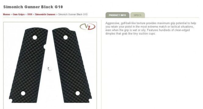VZ Grips per 1911 Simmonich Gunner Black Full Size con Scanalatura per Pollice